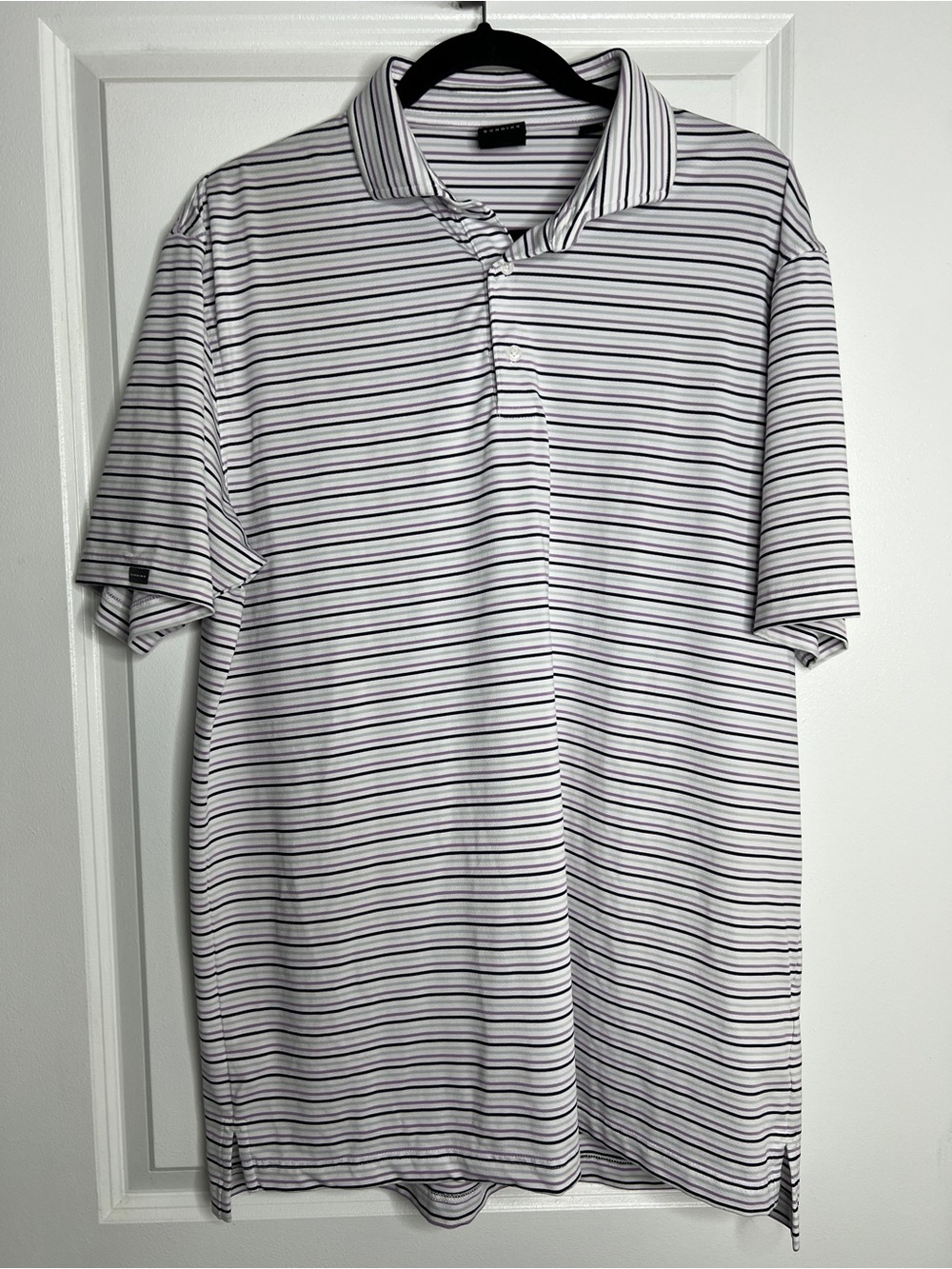 Dunning Golf Performance Polo Shirt Large Purple Black Gray Striped Technical